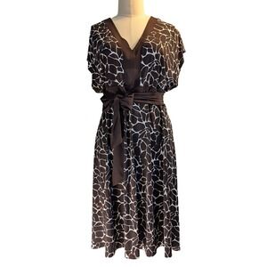 Glamour 22W Brown White Giraffe Print V Neck Midi Dress Belted Flutter Sleeve